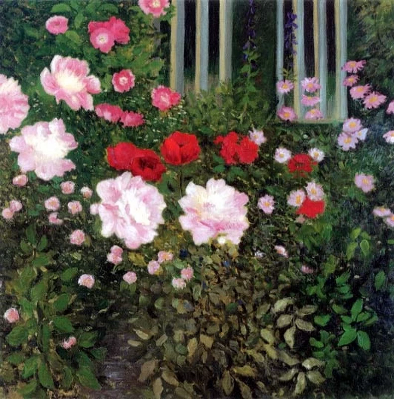 Giardino con peonie e papaveri